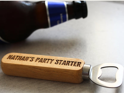 Personalised Bottle Opener - Party Starter Design | Uni Student or House Warming | Engraved Wooden, Stainless Steel Opener for Celebrations