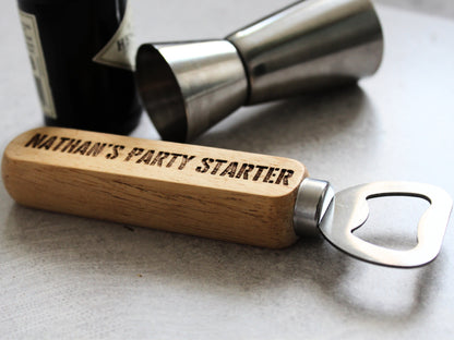 Personalised Bottle Opener - Party Starter Design | Uni Student or House Warming | Engraved Wooden, Stainless Steel Opener for Celebrations