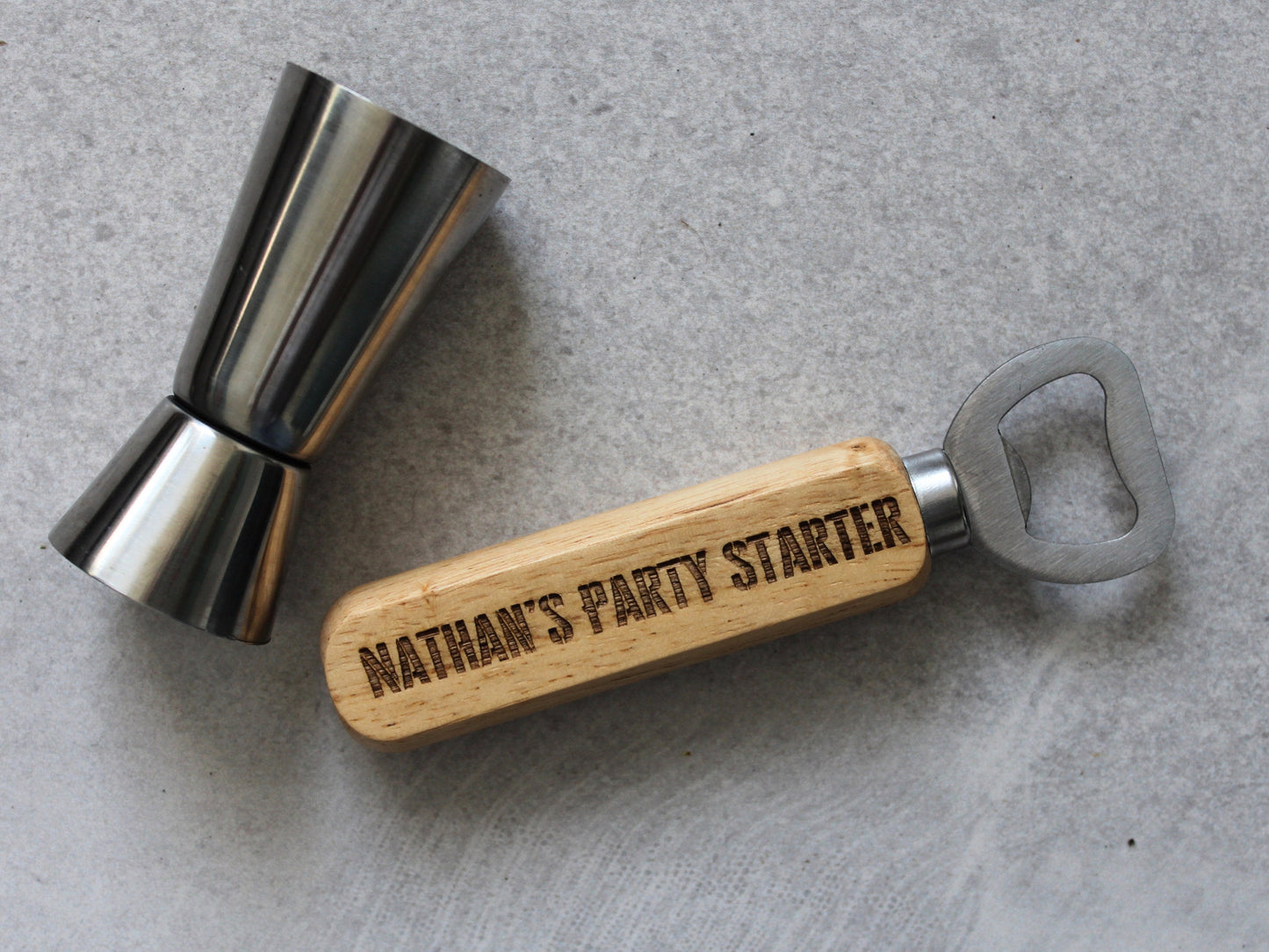 Personalised Bottle Opener - Party Starter Design | Uni Student or House Warming | Engraved Wooden, Stainless Steel Opener for Celebrations