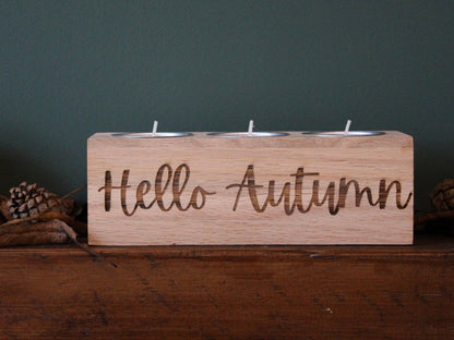 Luxury Oak Tealight Holder Candle Holder Hello Autumn Decor, Engraved Fall Decoration for Cozy Home & Farmhouse Style Halloween Decor