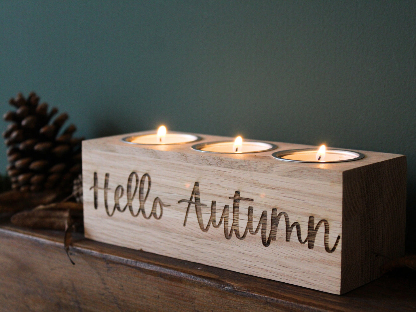 Luxury Oak Tealight Holder Candle Holder Hello Autumn Decor, Engraved Fall Decoration for Cozy Home & Farmhouse Style Halloween Decor