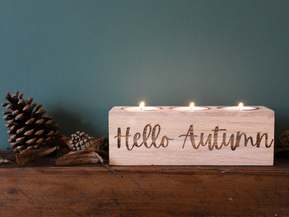 Luxury Oak Tealight Holder Candle Holder Hello Autumn Decor, Engraved Fall Decoration for Cozy Home & Farmhouse Style Halloween Decor