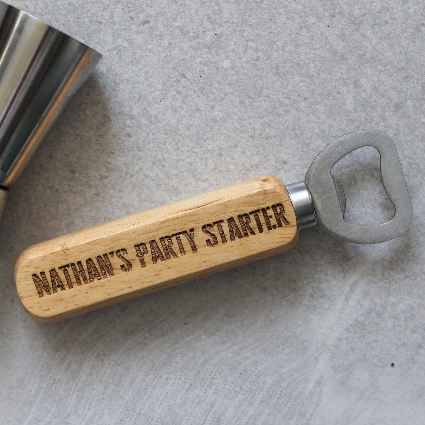 Personalised Bottle Opener - Party Starter Design | Uni Student or House Warming | Engraved Wooden, Stainless Steel Opener for Celebrations