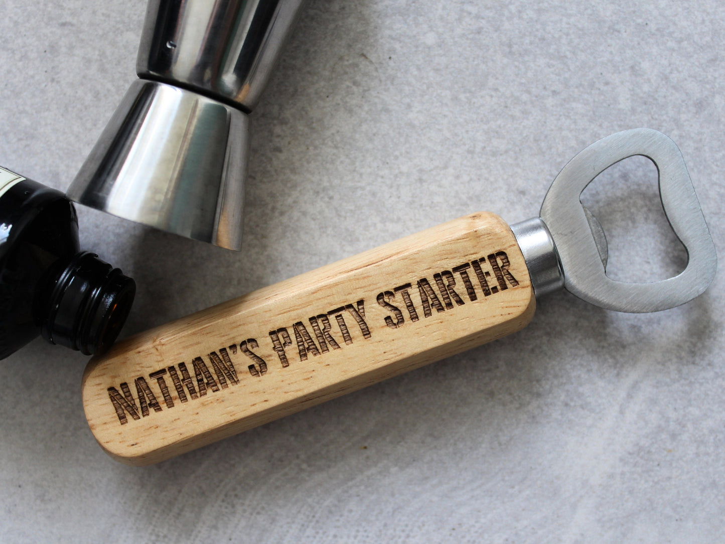 Personalised Bottle Opener - Party Starter Design | Uni Student or House Warming | Engraved Wooden, Stainless Steel Opener for Celebrations