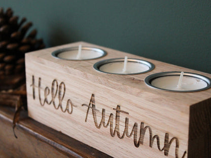 Luxury Oak Tealight Holder Candle Holder Hello Autumn Decor, Engraved Fall Decoration for Cozy Home & Farmhouse Style Halloween Decor