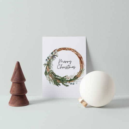Merry Christmas Eucalyptus Twig Wreath Christmas Card | Christmas Card Wife | Christmas Card Husband | A6 Card | Watercolour Christmas Card
