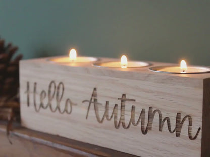 Luxury Oak Tealight Holder Candle Holder Hello Autumn Decor, Engraved Fall Decoration for Cozy Home & Farmhouse Style Halloween Decor