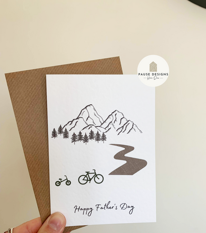 Happy Father's Day Mountains and Bike Ride Adventure Greeting Card