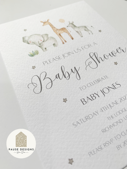 Safari Jungle Animal Watercolour Baby Shower Invitation | Envelope Included