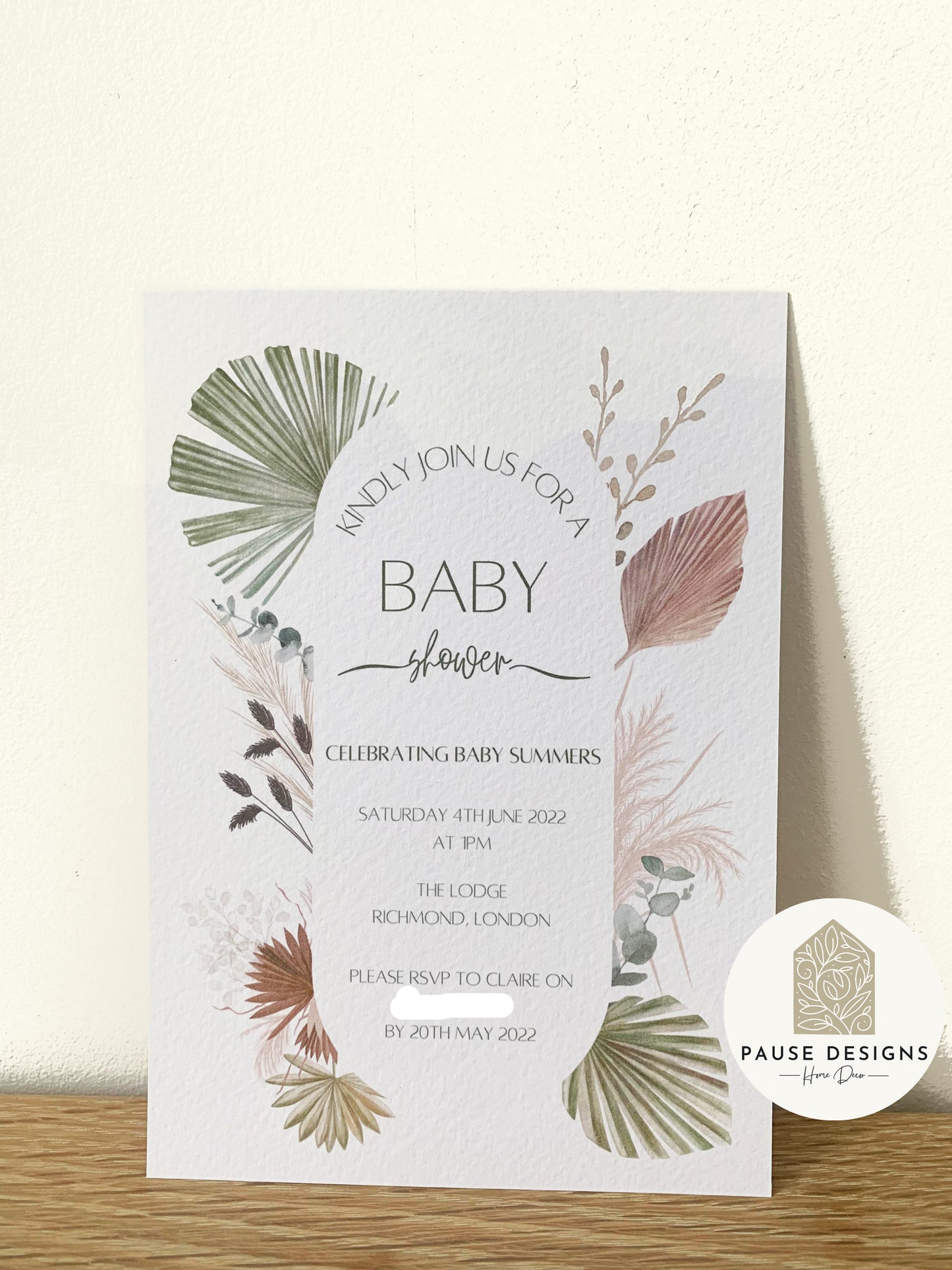 Pampas Grass Botanical Tropical Leaf Baby Shower Invitation With Envelope