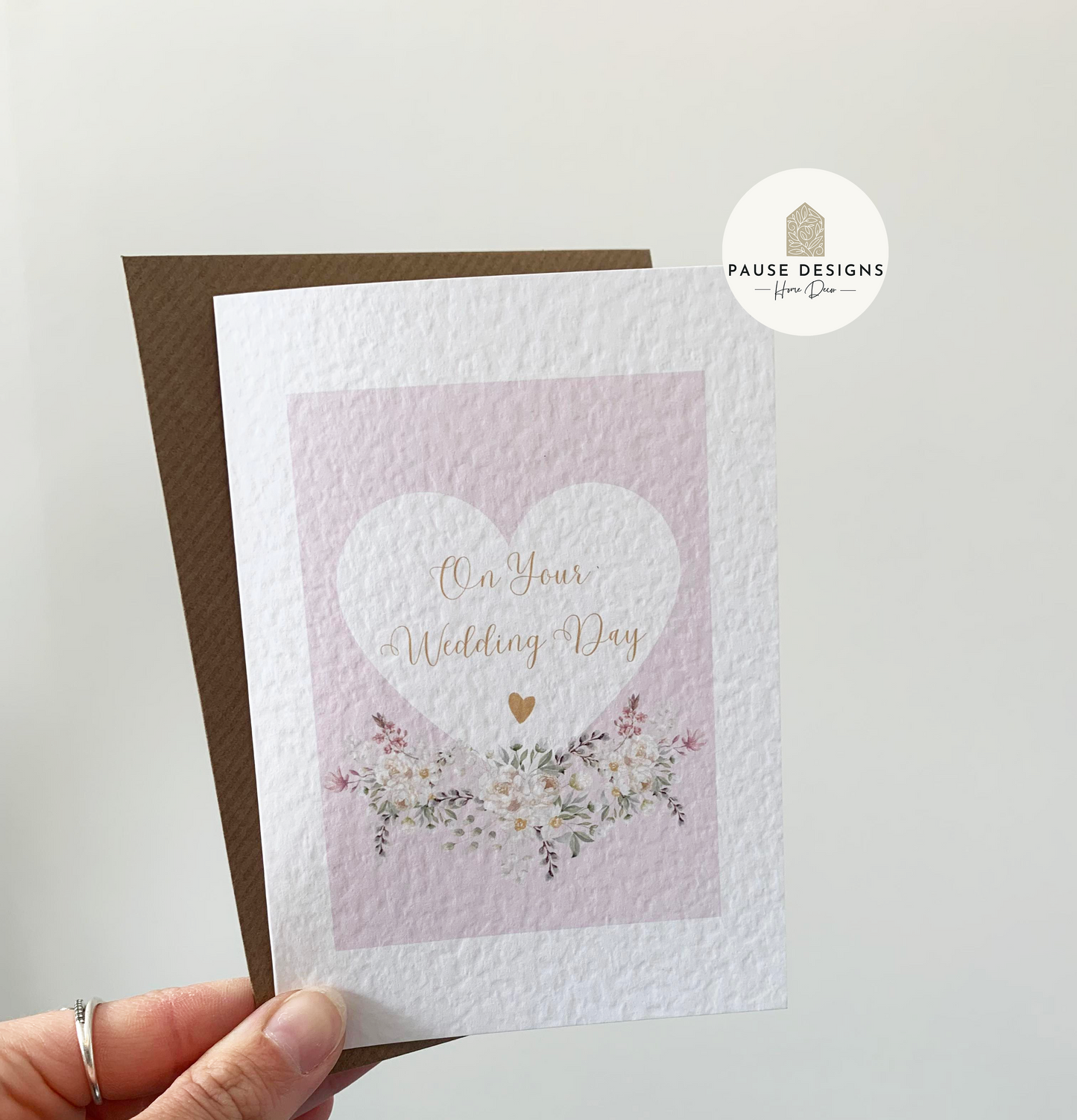Pink Floral Heart with Gold Writing On Your Wedding Day Greetings Card
