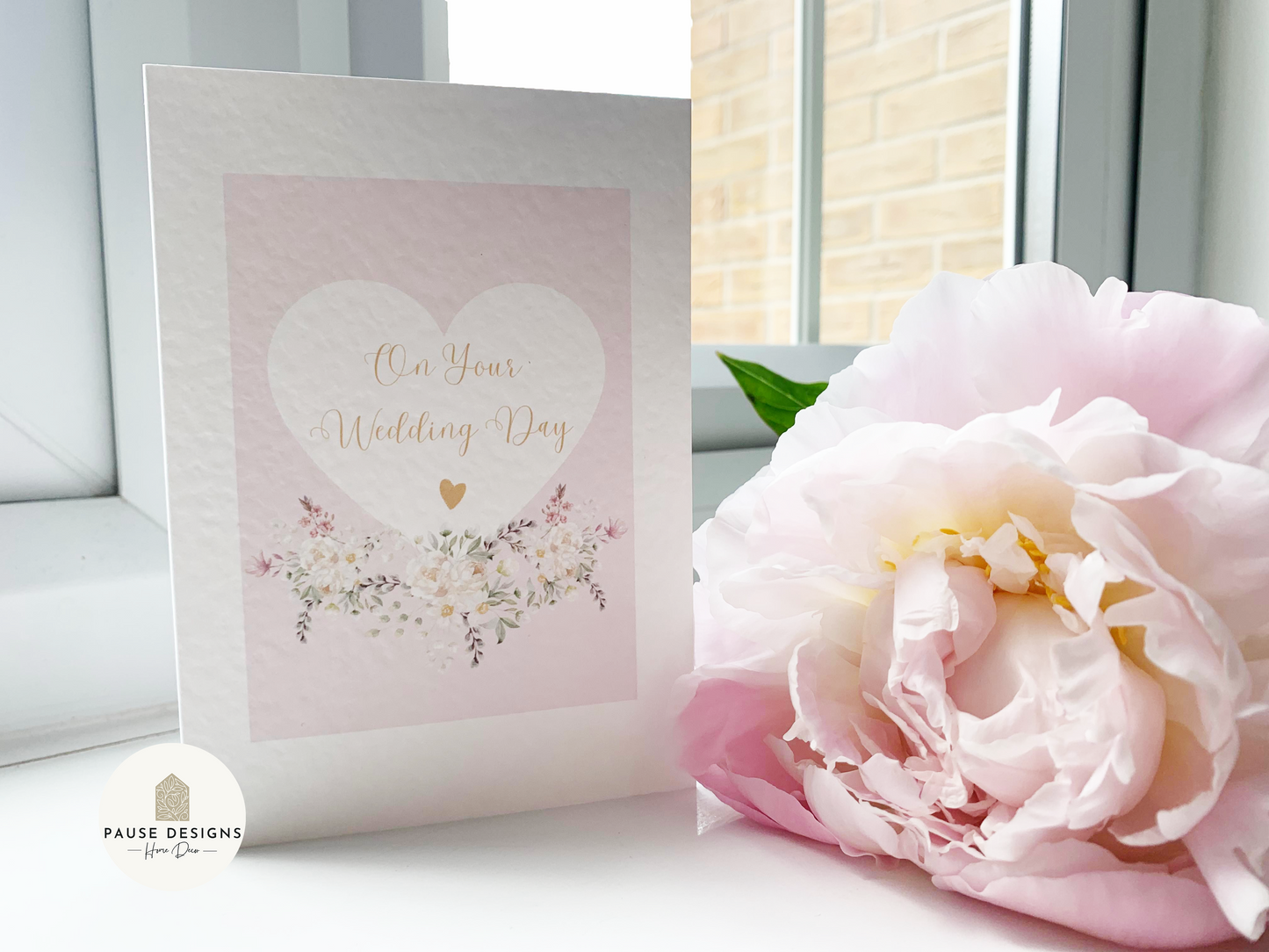Pink Floral Heart with Gold Writing On Your Wedding Day Greetings Card