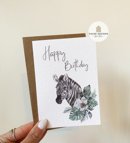 Botanical Zebra Happy Birthday Greetings Card