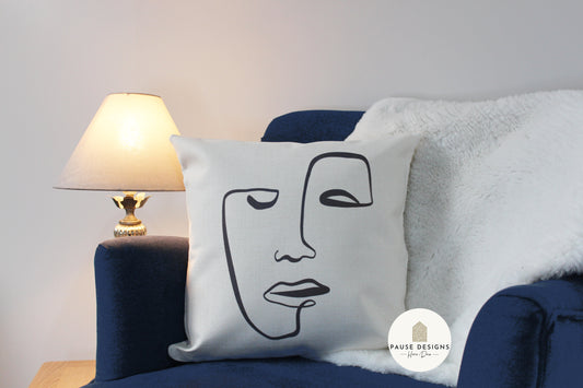 Abstract Face One Line Drawing Luxury Linen Style Cushion Cover