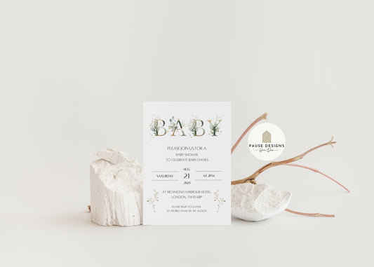 Botanical BABY Shower Invitation With Envelope