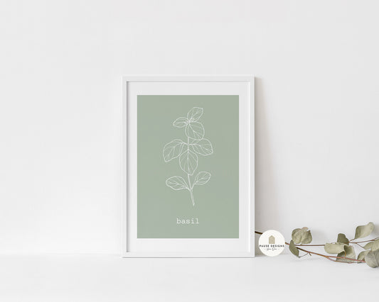 Basil Herb Line Drawing Wall Art Print | Unframed Print