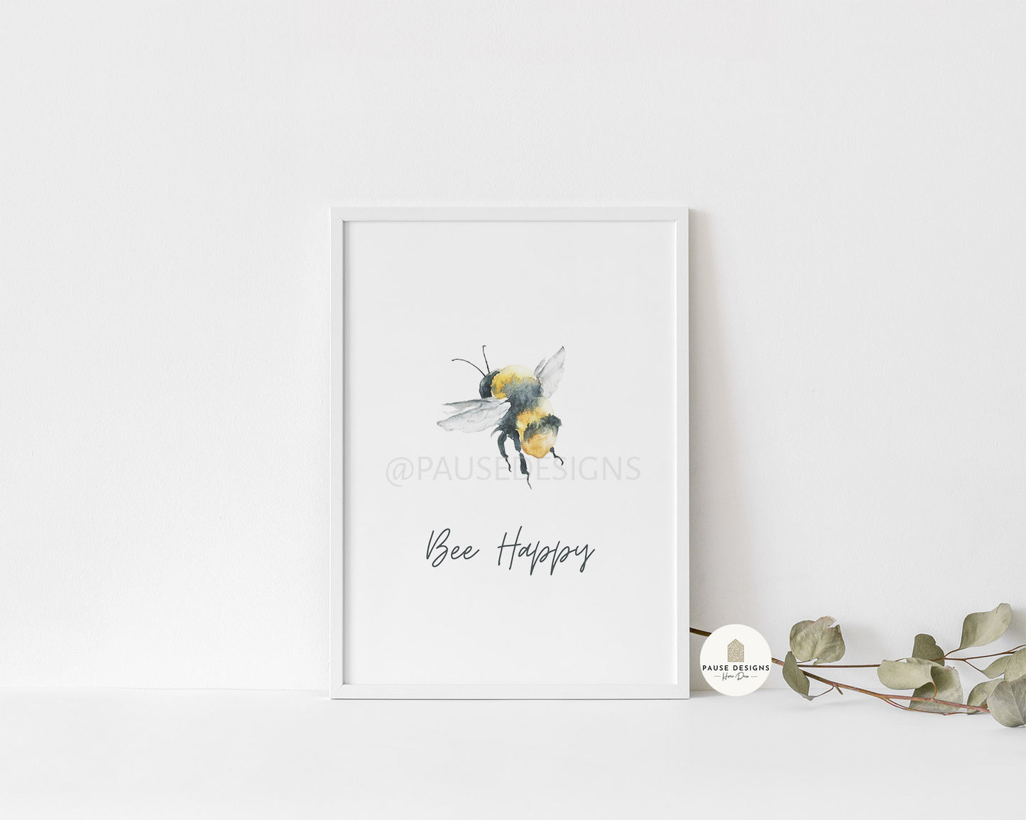 Bee Happy Watercolour Bumble Bee Wall Art Print | Unframed Print