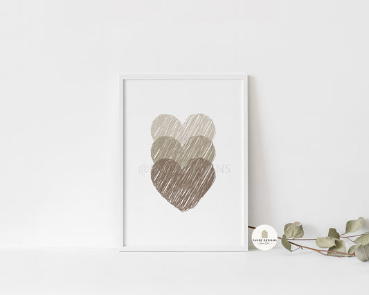 Triple Beige Scribble Hearts Wall Art Print | Unframed Print