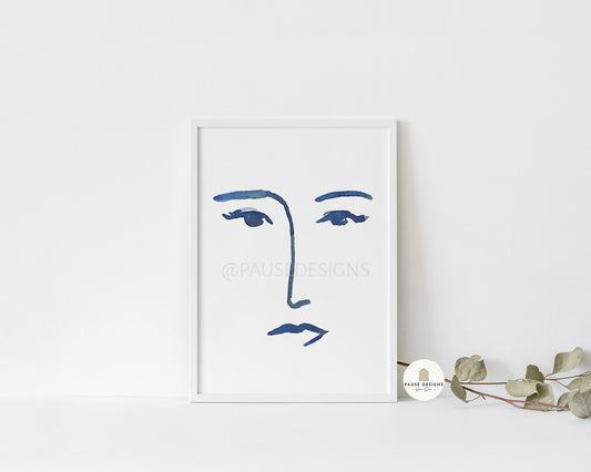 Abstract Blue Watercolour Face Wall Art Print | Unframed Print