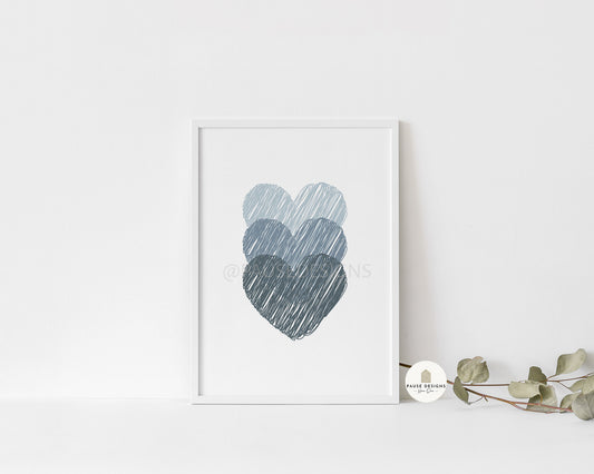 Triple Blue Scribble Hearts Wall Art Print | Unframed Print