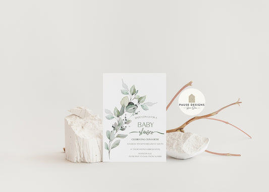 Botanical Baby Shower Eucalyptus Leaf Invitation With Envelope