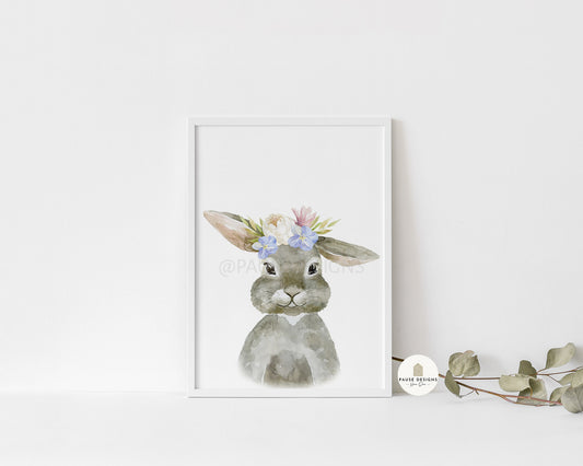 Watercolour Floral Bunny Rabbit Wall Art Print | Unframed Print