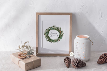 Merry Christmas Green Foliage Wreath Wall Art Print | Unframed Print