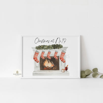 Personalised Family Christmas Fireplace Stockings Wall Art Print | Unframed Print