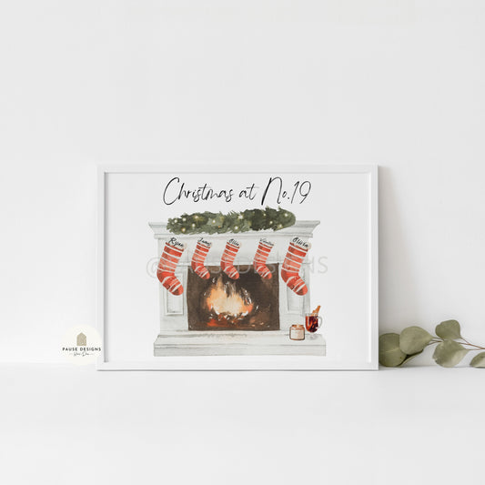 Personalised Family Christmas Fireplace Stockings Wall Art Print | Unframed Print