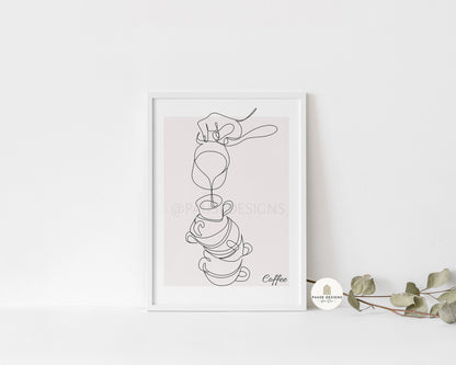 Coffee Cups Stack Line Drawing Abstract Wall Art Print  | Unframed Print