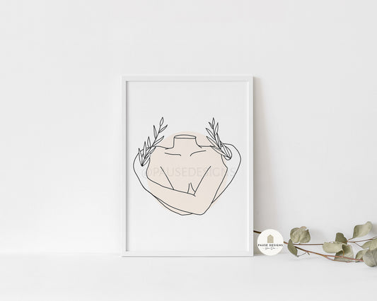 Female Naked Abstract Pink Line Drawing Wall Art Print | Unframed Print