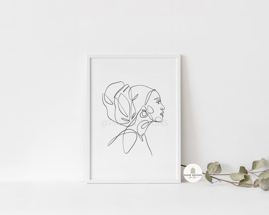 Female Face Head Scarf Line Drawing Wall Art Print | Unframed Prints