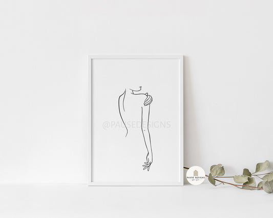 Female Naked Over Shoulder Profile Line Drawing Wall Art Print | Unframed Print