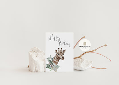 Botanical Giraffe Happy Birthday Greetings Card