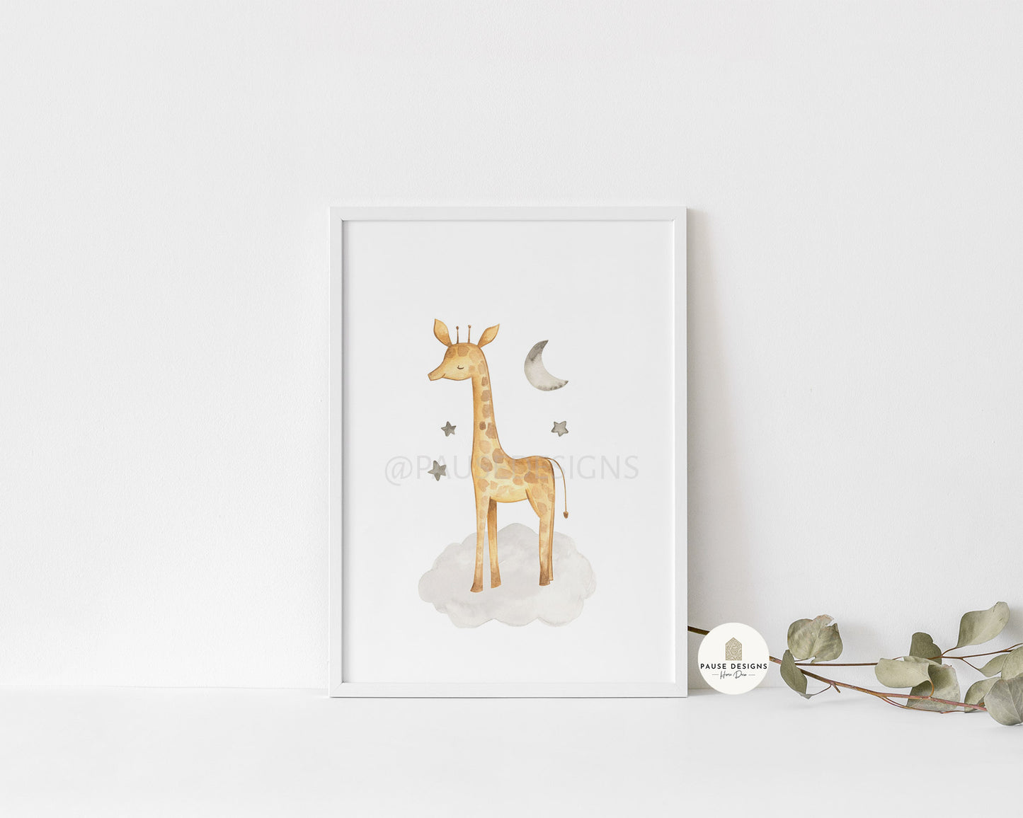 Watercolour Giraffe Moon & Stars Nursery Wall Art Print | Unframed Print