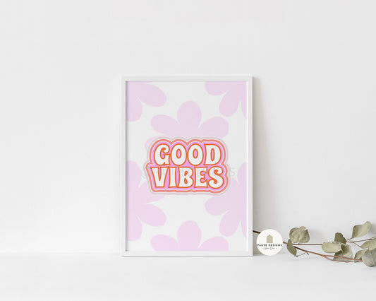 Good Vibes Retro Floral Wall Art Print | Unframed Print