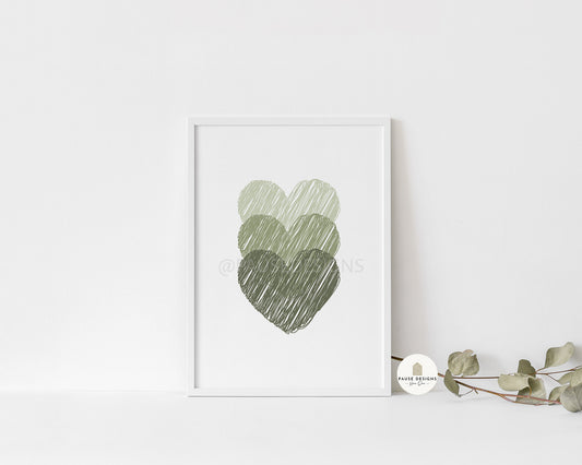 Triple Green Scribble Hearts Wall Art Print | Unframed Print