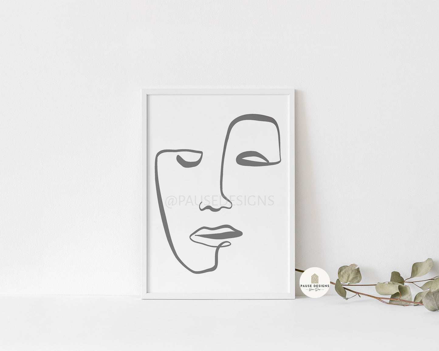 Grey Abstract Face Line Drawing Wall Art Print | Unframed Print