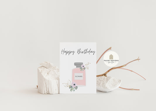 Happy Birthday Pink Perfume Bottle Floral Birthday Greeting Card