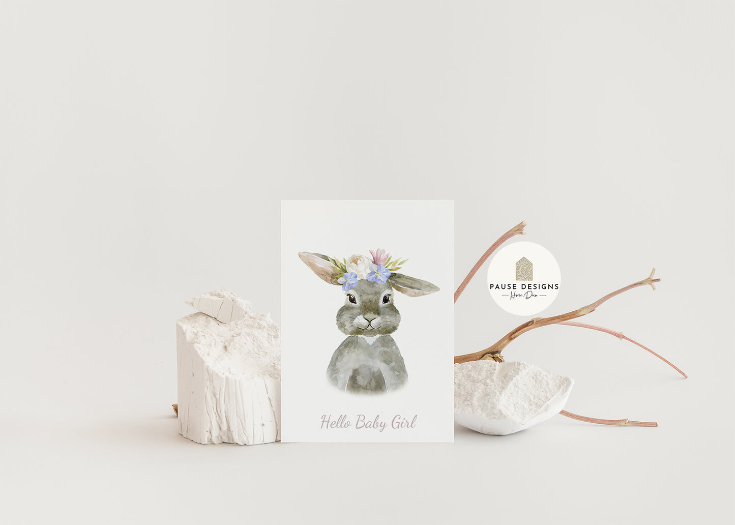 Hello Baby Girl Watercolour Bunny Rabbit New Baby Greeting Card