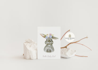 Hello Baby Girl Watercolour Bunny Rabbit New Baby Greeting Card