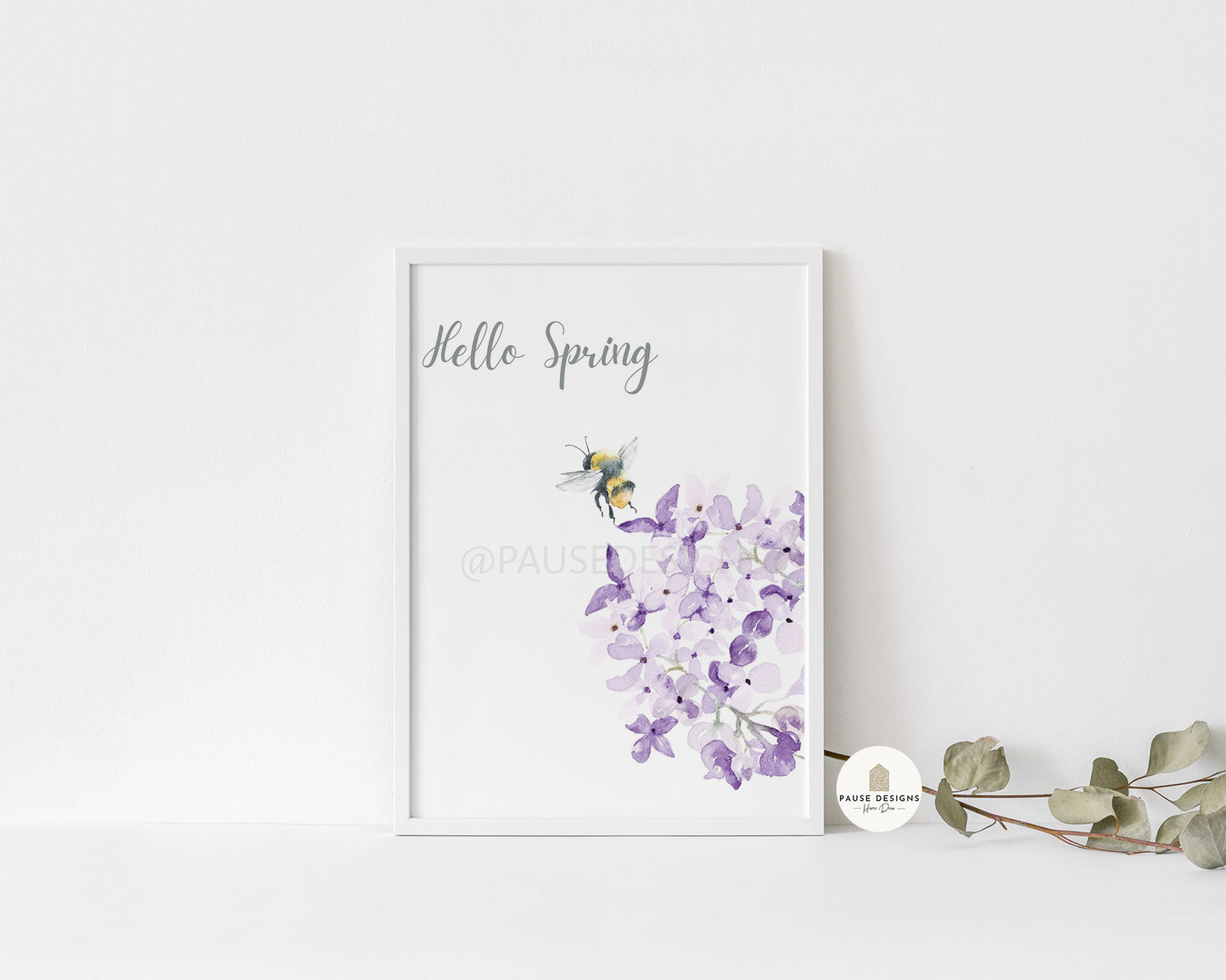 Hello Spring Bumble Bee Watercolour Wall Art Print | Unframed Print