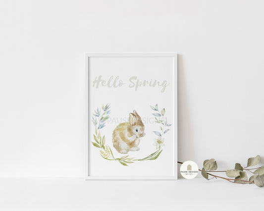 Hello Spring Brown Bunny Floral Wall Art Print | Unframed Print