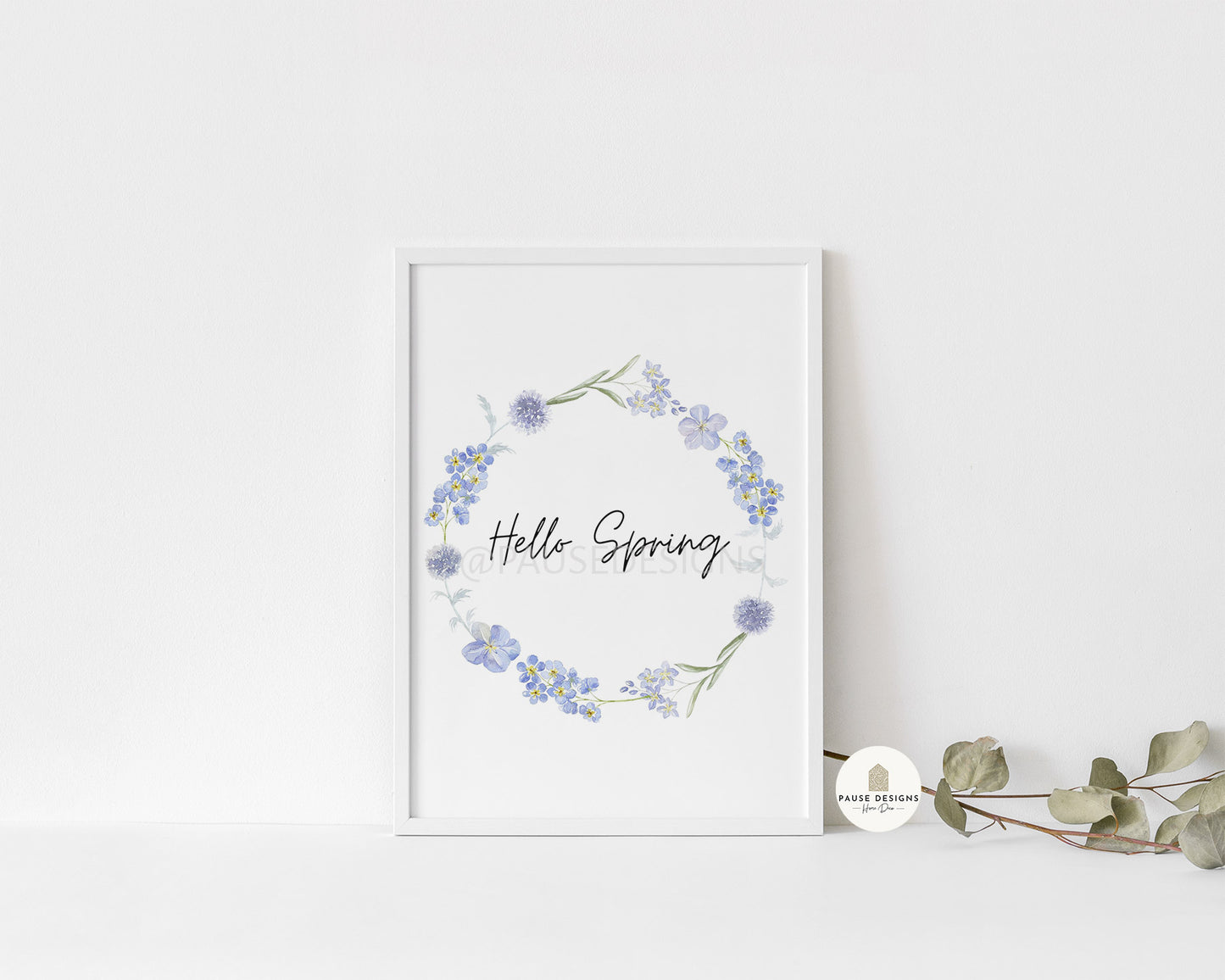 Hello Spring Floral Allium Watercolour Wreath Wall Art Print | Unframed Print