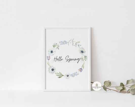 Hello Spring Floral Anemones Watercolour Wreath Wall Art Print | Unframed Print