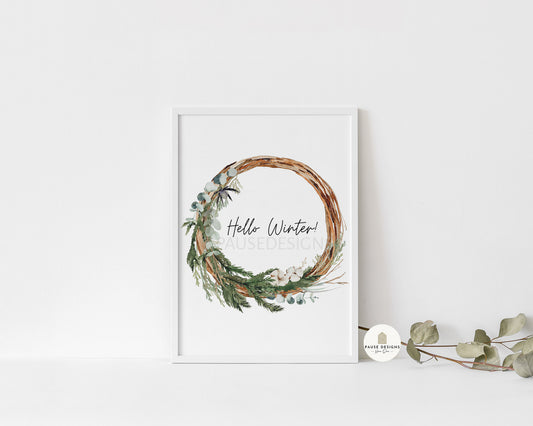 Hello Winter Christmas Wicker Wreath Wall Art Print | Unframed Prints