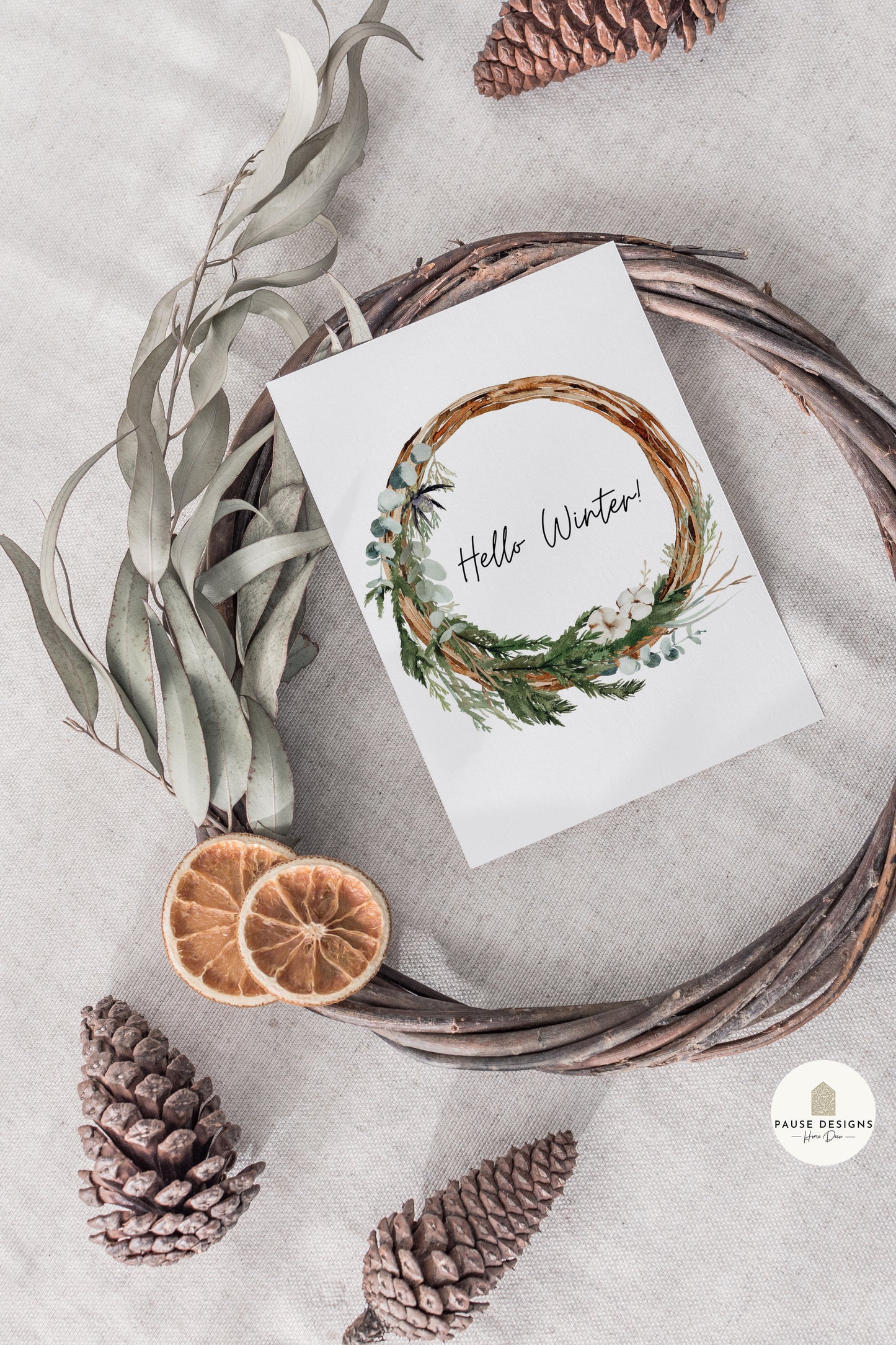 Hello Winter Christmas Wicker Wreath Wall Art Print | Unframed Prints