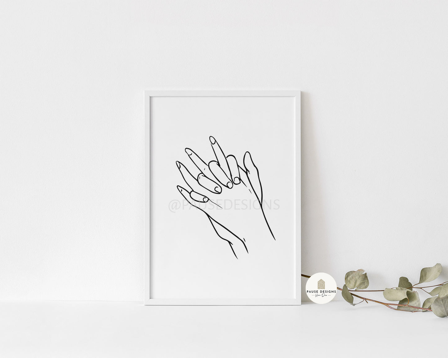 Holding Hands Interlocked Fingers Wall Art Line Drawing Black and White Print