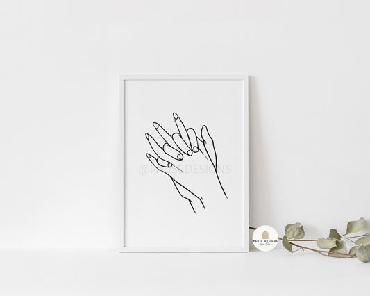 Holding Hands Interlocked Fingers Wall Art Line Drawing Black and White Print