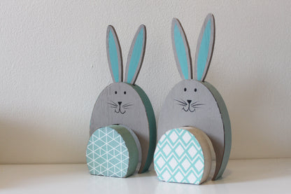 Set of 2 Wooden Rabbits & Pastel Checked Egg Easter Decoration